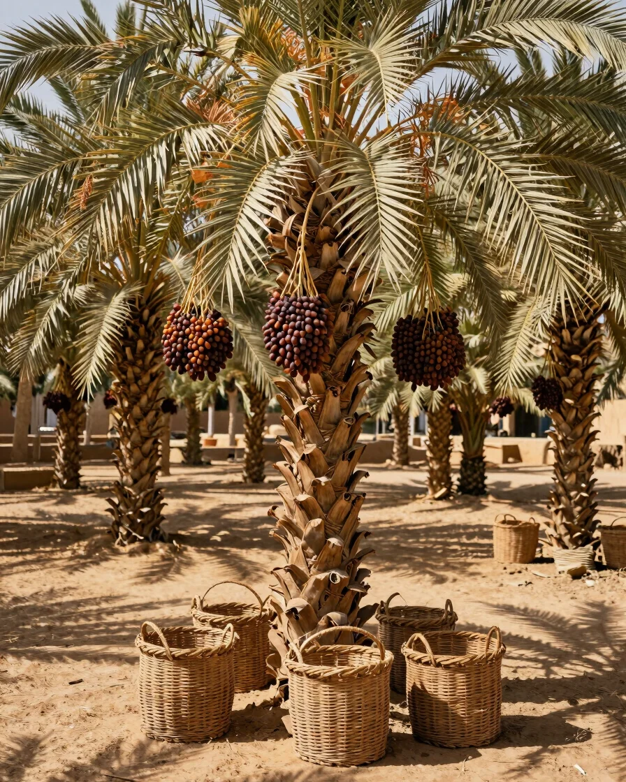 Natural palm groves of Zagora oasis under warm sunlight, bunches