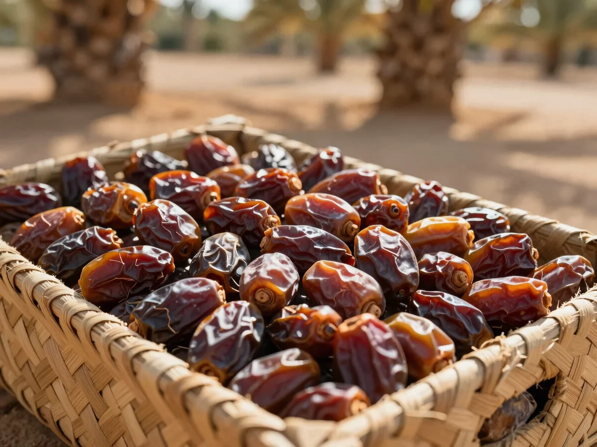 Premium Moroccan dates arranged in a traditional woven palm box,