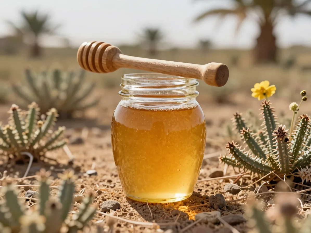 Golden natural honey jar with wooden dipper, surrounded by wild o