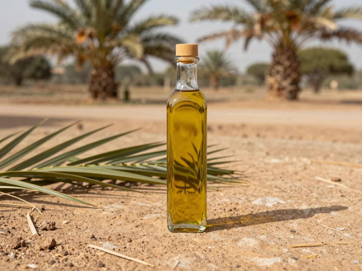 Authentic glass bottle of cold-pressed virgin oil on rustic clay