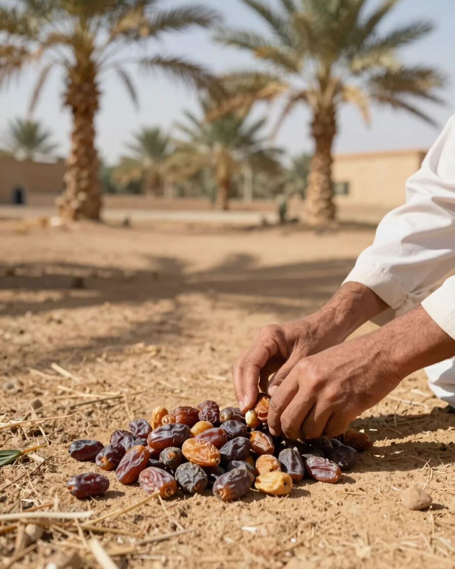 Authentic agricultural farming in Zagora oasis, hands gently harv